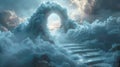 Mystical gateway amidst clouds with stairs leading to bright light. Ethereal archway in a surreal cloud landscape Royalty Free Stock Photo