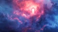 Mystical gateway amidst clouds with stairs leading to bright light. Ethereal archway in surreal cloud landscape. Concept Royalty Free Stock Photo
