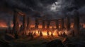 Mystical Gathering: Dark Figures Dance Amidst Stonehenge\'s Enigmatic Flames