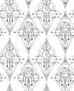 Mystical geometric pattern. Vector texture with occult symbols with stars and crescent. Sacral contour monochrome background