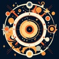 Mystical geometry. Planets, stars, constellations and other symbols in the circle. Horizontal vector illustration. AI Generated