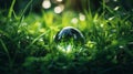 Mystical glass ball resting peacefully in a vibrant green grass field under the warm rays of the sun Royalty Free Stock Photo