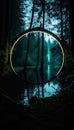 Mystical glowing neon creepy circle or portal over water or lake in the forest, AI generated