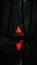 Mystical glowing neon creepy triangle or portal over water or lake in the forest, AI generated