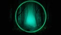Mystical glowing neon light creepy circle or portal in the forest, AI generated