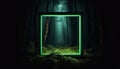 Mystical glowing neon light creepy square or portal in the forest, AI generated