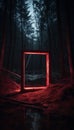 Mystical glowing neon light creepy square or portal in the forest, AI generated