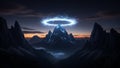 Mystical glowing ring encircles a snow-capped mountain peak at twilight with dramatic clouds Royalty Free Stock Photo