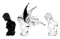 Mystical Goddess ancient greek statue, vector black white greek bust silhouettes, antique nymph with butterfly wings