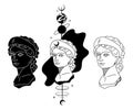 Mystical Goddess ancient greek statue, vector black white celestial greek bust silhouettes, antique Demeter sculptures