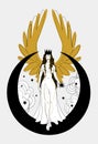 Mystical goddess woman or angel with golden wings, divine boho design. Lunar lady with a star in her hands. Heavenly hand drawn Royalty Free Stock Photo