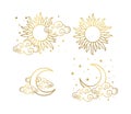 Mystical gold boho style tattoos with sun, crescent, stars and clouds. Linear design, gold foil. A set of elements for Royalty Free Stock Photo