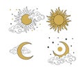 Mystical golden boho tattoos with sun, crescent, stars and clouds. Linear design, hand-drawing. Set of elements for Royalty Free Stock Photo