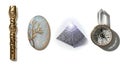 Mystical golden flute, opal tree, silver pyramid, and compass on white background Royalty Free Stock Photo