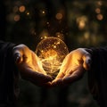 Mystical Golden Sphere Held Aloft by Two Enchanting Hands