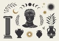 Mystical Greek set with sculpture, elements of greek culture and astronomical symbols. Royalty Free Stock Photo