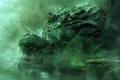 Mystical Green Dragon Emerging from Misty Swamp Waters in Enchanted Forest Scene Royalty Free Stock Photo