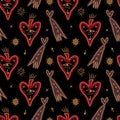 Mystical groovy vintage whimsical doodle sacred hearts seamless pattern. Valentines love characters background. Hand Royalty Free Stock Photo