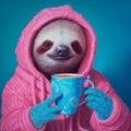 Mystical Guardian: Sloth in a Pink Sweater with Cup