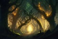 Mystical Halloween background with glowing tree roots in the dark forest