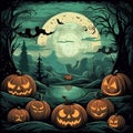 Mystical Halloween Haven: Pumpkins in a Swampy Landscape with Moon and Twisted Trees Illuminate the Night AI generated