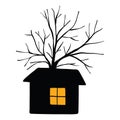 Mystical Halloween house with a black tree and a yellow window
