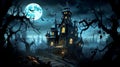 Haunted Halloween Lore with Mansion, Witches, and Ghouls in a Midnight Mystery Illustration. Generative Ai