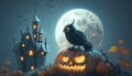 Enchanted Halloween Scene: Crow Creature Perched on Glowing Pumpkin with Spooky Castle and Moon in Background