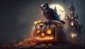 Enchanted Halloween Scene: Crow Creature Perched on Glowing Pumpkin with Spooky Castle and Moon in Background