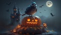 Enchanted Halloween Scene: Crow Creature Perched on Glowing Pumpkin with Spooky Castle and Moon in Background