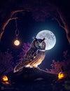 Mystical Halloween Night: Owl and the Luminous Moon