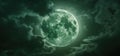 A mystical Halloween night is painted with a fantasy of a glowing green and white moon in the dark, cloudy sky Royalty Free Stock Photo