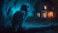 A mystical halloween owl on top of a tree trunk and a mysterious haunted house in the background Royalty Free Stock Photo