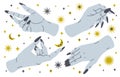 Mystical hands. Magic boho palms with doodle moon and stars, female hand with long nails, trendy tattoo style esoteric flat vector