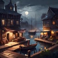 Mystical Harbor Nights: Game Art of a Foggy Cityscape with Market and Port Houses