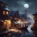 Mystical Harbor Nights: Game Art of a Foggy Cityscape with Market and Port Houses