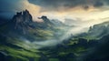 Mystical High Fantasy Landscape With Mountains And Fog