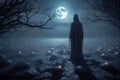 Mystical hooded figure standing by a misty riverbank with candles illuminating the dark, under a glowing full moon and twisted