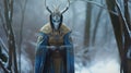 Mystical Horned Character In Indigo And Gold Coat In Snowy Forest Royalty Free Stock Photo
