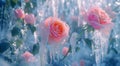 In a mystical ice garden, roses of ethereal beauty bloom amidst frozen vines, their vibrant colors contrasting with the crystal-