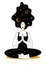 Mystical icon for astrology, yoga, tarot. Meditating mystical woman with the moon and sun in her hair. Abstract hand