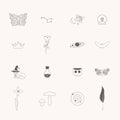 Mystical icons isolated vector set includes poison, crystal ball, bottle, butterfly, moth, planets, crown, fox Royalty Free Stock Photo