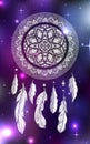 Mystical illustration of a dreamcatcher with a boho tracery pattern, feathers with beads on a cosmic background. Royalty Free Stock Photo