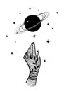 Mystical illustration with a female hand and planet with rings. Saturn and palm in vintage design, vector hand drawn illustration Royalty Free Stock Photo