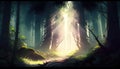 A mystical illustration of light streaming through the forest, a magical and ethereal scene full of wonder