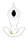 Mystical illustration with a seated meditating woman. Nude girl meditates in lotus position, boho illustration. Vector