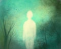 Mystical illustration of the soul, ghost, spirit. White translucent white silhouette against a mystical background of green shades Royalty Free Stock Photo