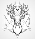 Mystical image of the head of a horned deer, sacred geometry, symbols of the moon.