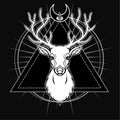 Mystical image of the head of a horned deer, sacred geometry, symbols of the moon.