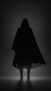 A mystical image of a man in a cape with a hood. Horror. Black and white image. Generated AI.